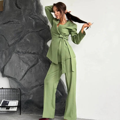 Women's Tailored Blazer Coat with Tie Belt and Wide Trousers EVA-US