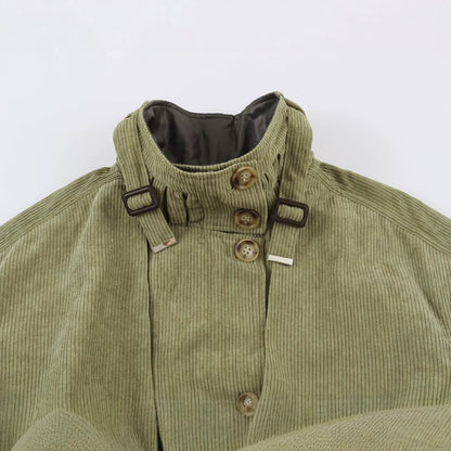 Women's Cord Field Jacket with Waist Belt and Stand-Up Collar EVA-US