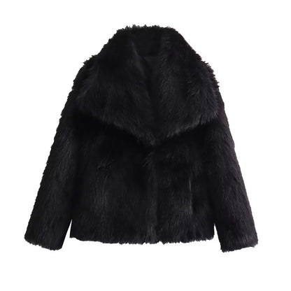 Women's Short Faux Fur Jacket with Wide Shawl Collar EVA-US