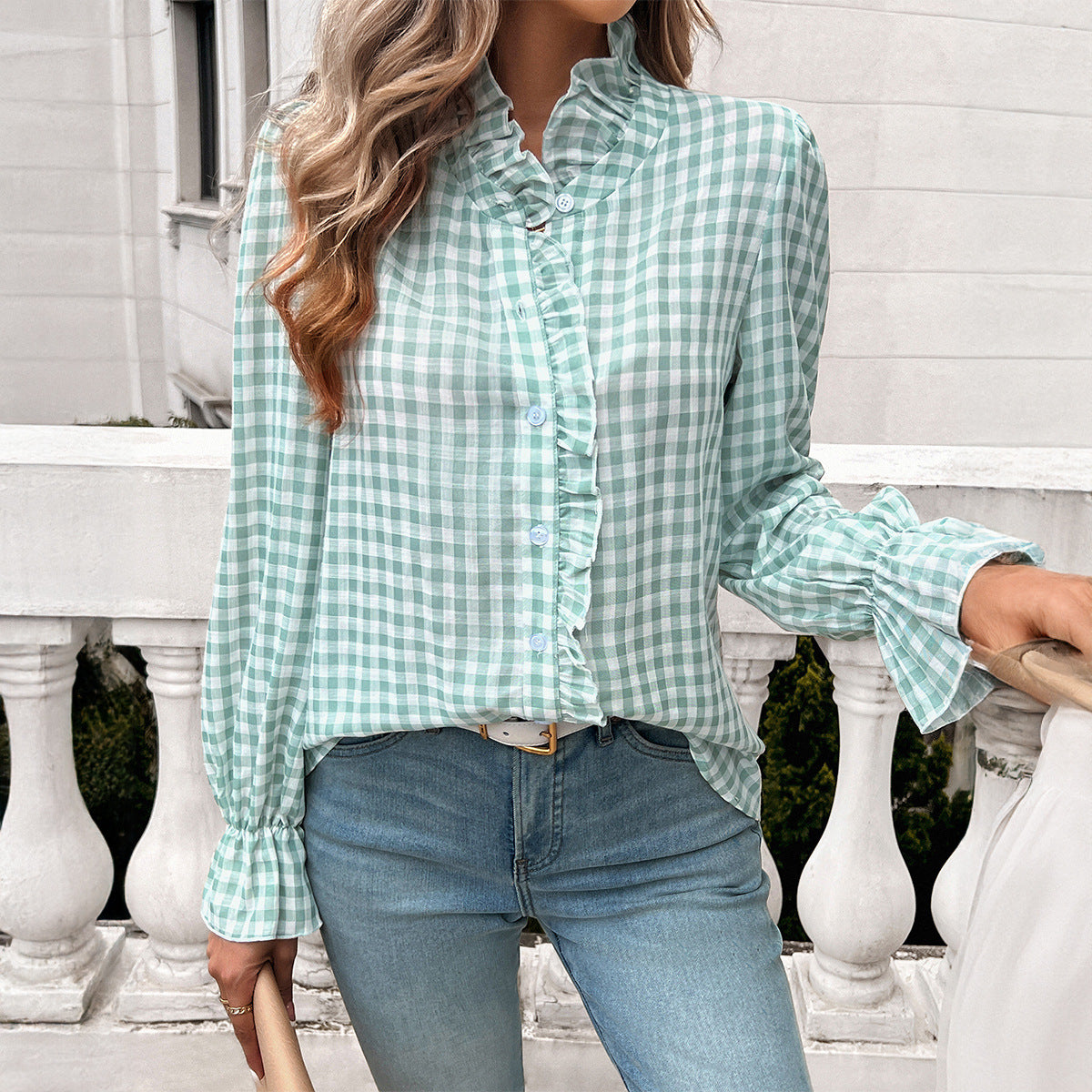 Women Checked Blouse with Ruffle Details and Button Placket EVA-US