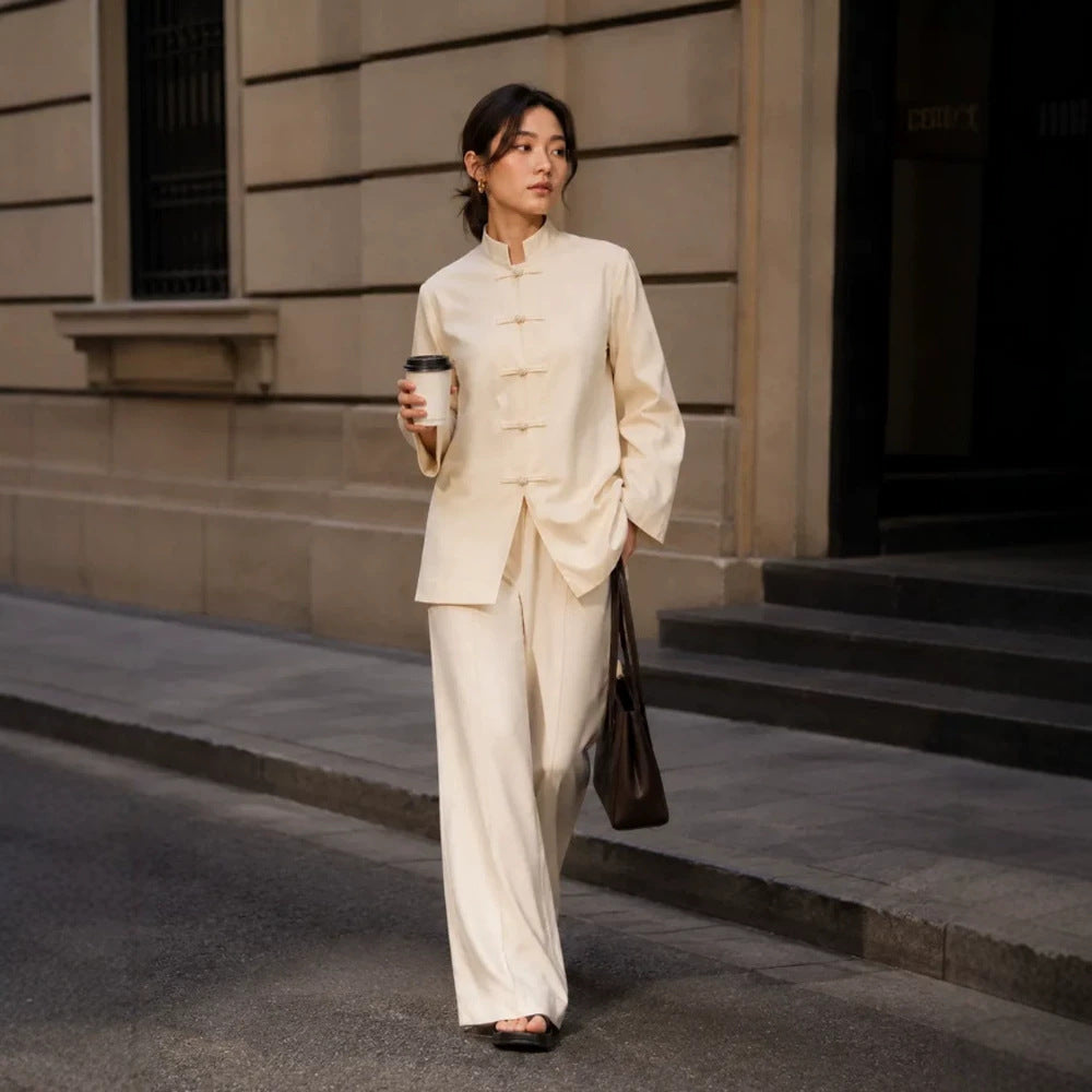 Women's Mandarin Collar Tunic Jacket with Knot Closures and Wide Palazzo Pants EVA-US