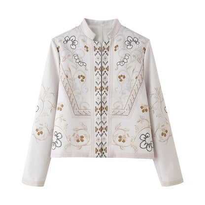 Women embroidered boxy short jacket with stand-up collar and floral embroidery EVA-US
