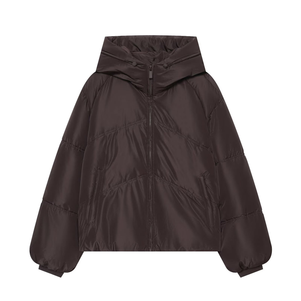 Women Short Cut Padded Oversize Quilted Jacket with High Stand-Up Collar and Hood EVA-US