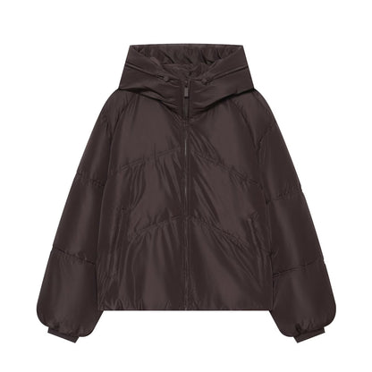 Women Short Cut Padded Oversize Quilted Jacket with High Stand-Up Collar and Hood EVA-US