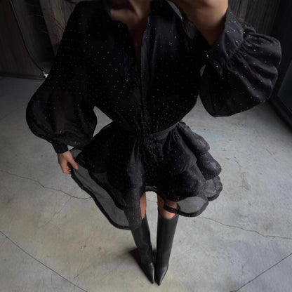 Women Transparent Ruffle Mini Dress with Shirt Collar, Balloon Sleeves and Waist Belt EVA-US