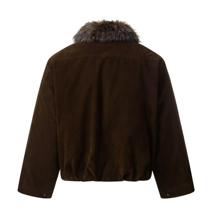 Men's Suede Bomber Jacket with Detachable Faux Fur Collar and Drawstring EVA-US