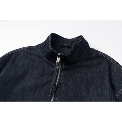 Men's Boxy Denim Blouson with high stand-up collar, visible contrast stitching and elastic hem.