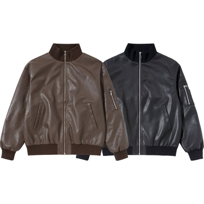 Men's faux leather bomber jacket in boxy cut with high ribbed collar and sleeve utility pocket EVA-US