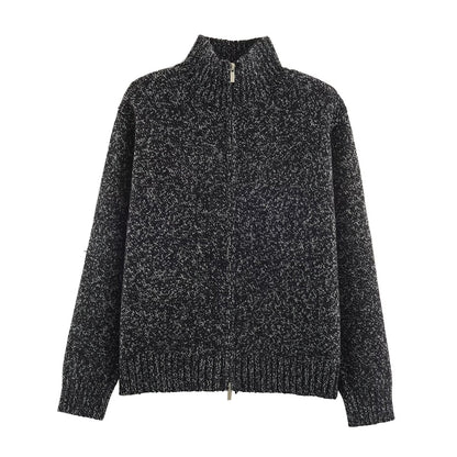 Women's Chunky Knit Zip Sweater with Stand-Up Collar and Ribbed Hem EVA-US