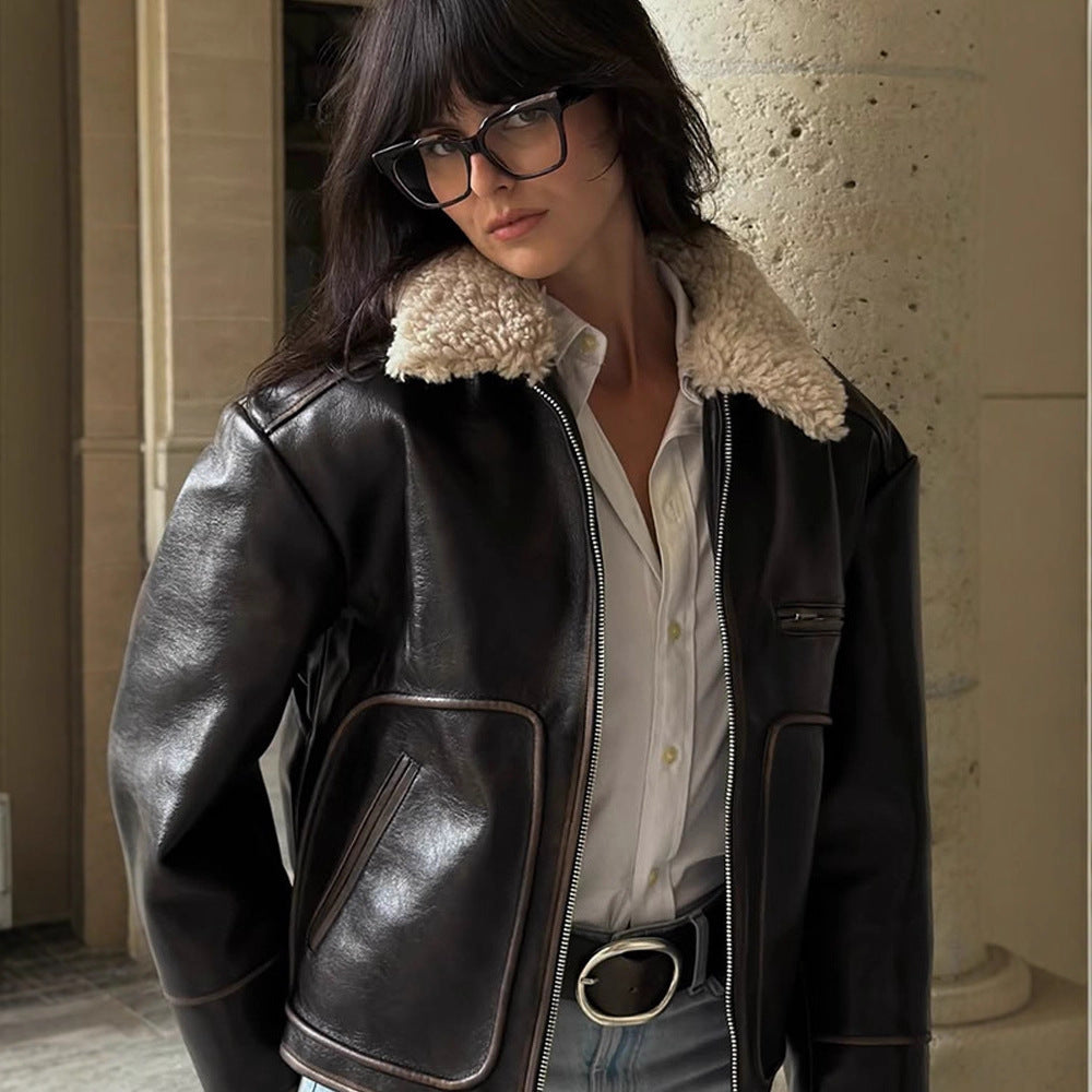 Women Short Cut Leather Imitation Bomber Jacket with Voluminous Teddy Shawl Collar and Distinctive Decorative Seams EVA-US