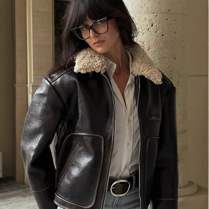 Women Short Cut Leather Imitation Bomber Jacket with Voluminous Teddy Shawl Collar and Distinctive Decorative Seams EVA-US