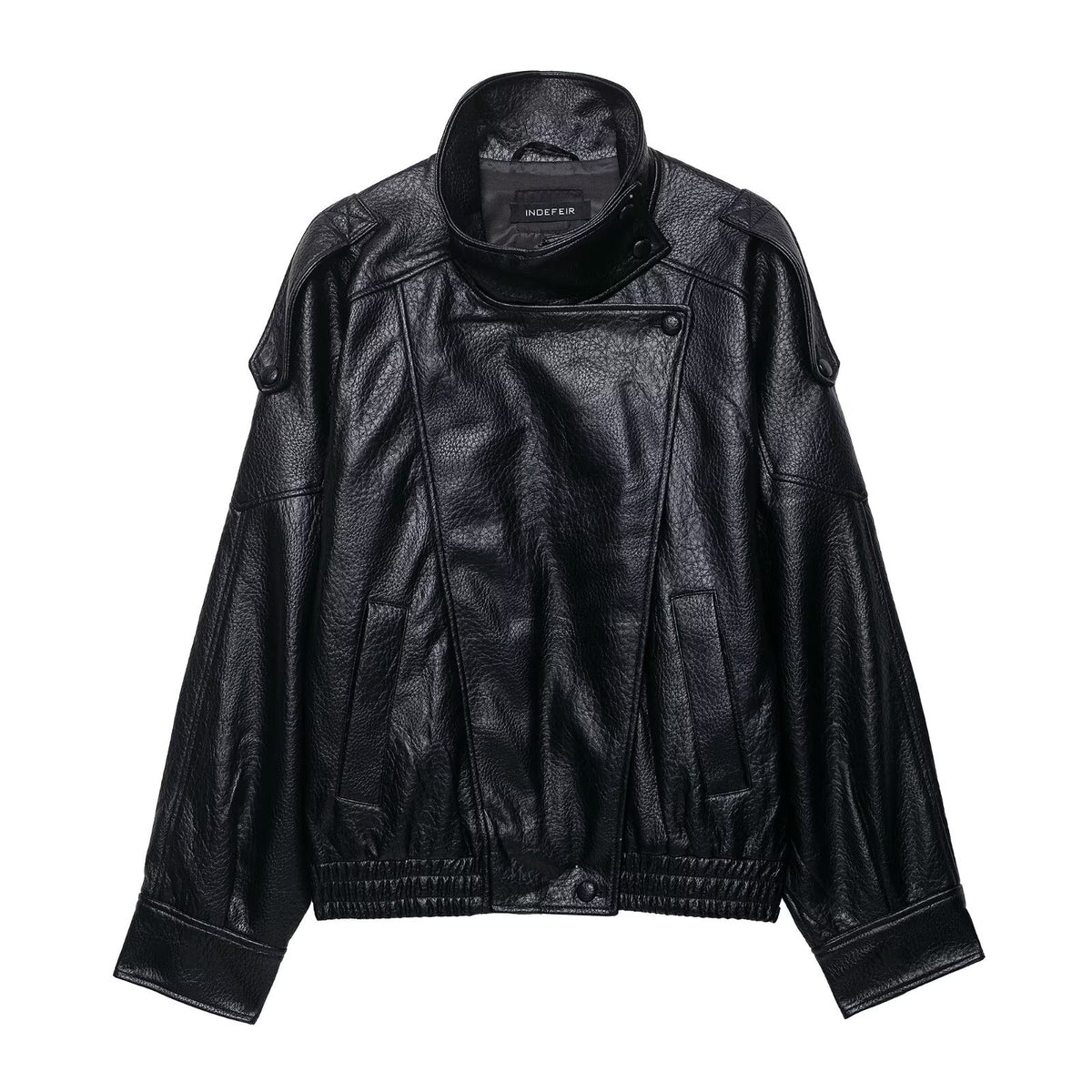 Ladies short-cut faux leather pilot jacket with high stand-up collar and shoulder straps EVA-US