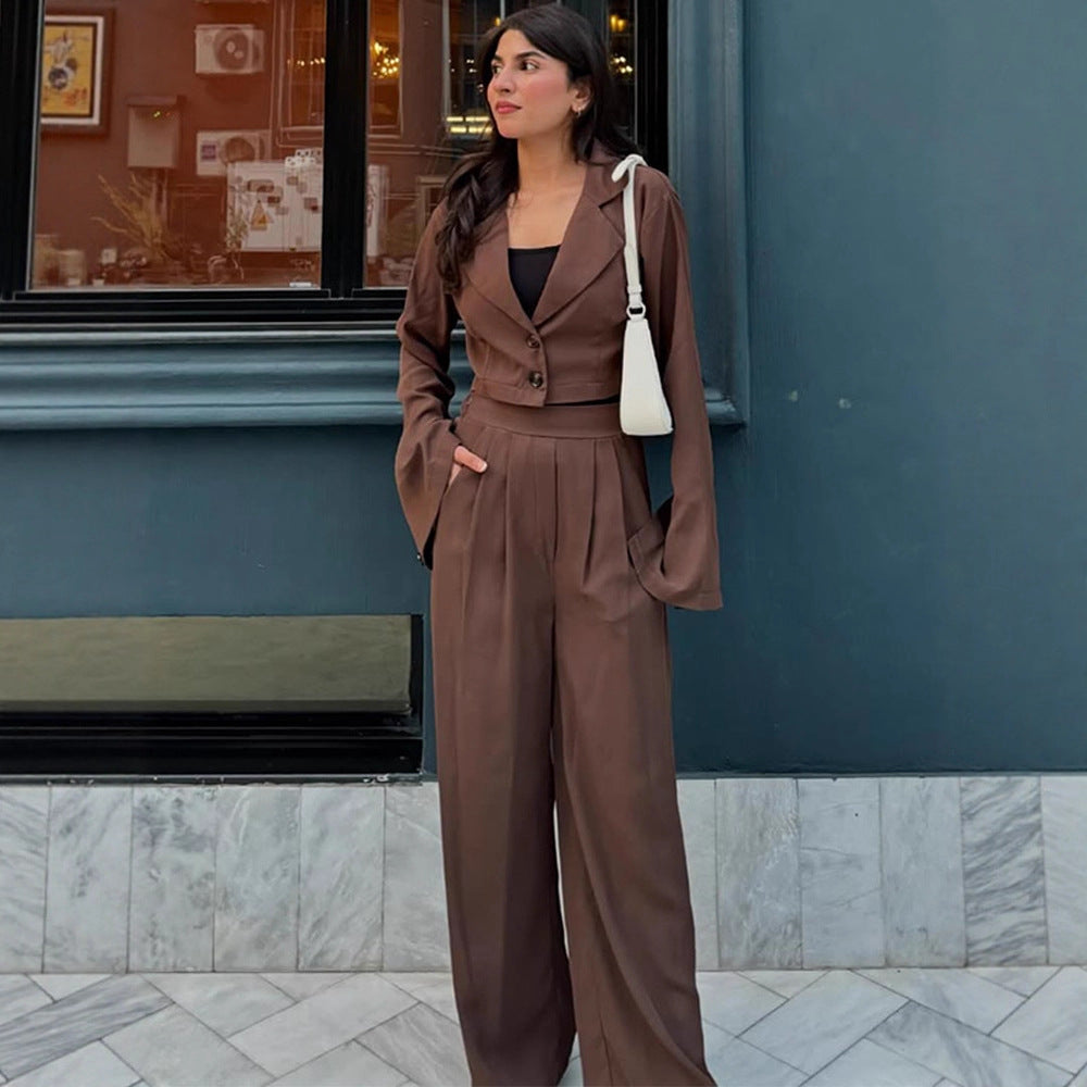 Ladies Two-Piece Tailoring Set Short Blazer with Bell Sleeves and High-Waist Palazzo Pants EVA-US