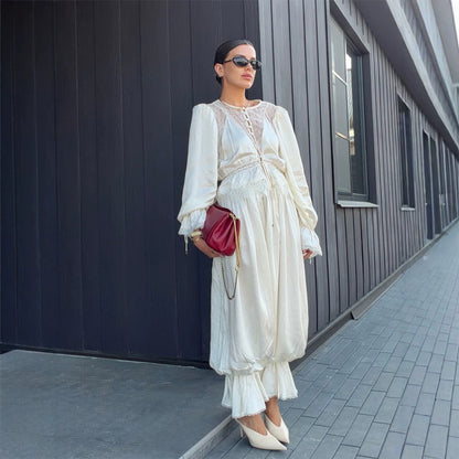 Women's One-Piece Satin Jumpsuit with Lace Yoke, Puff Sleeves, and Voluminous Harem Pants EVA-US
