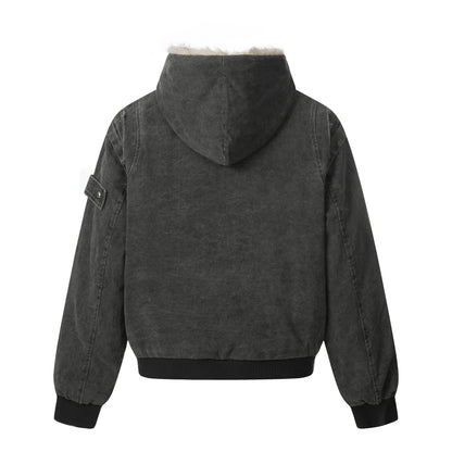 Men's Vintage-Inspired Denim Bomber Jacket with Teddy Fur Hood EVA-US