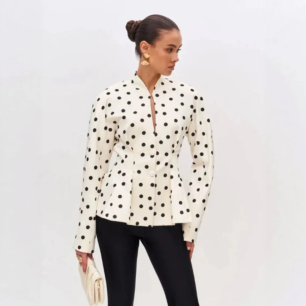Women Polka Dot Tailored Peplum Blouse with Stand-Up Collar and Concealed Button Placket EVA-US