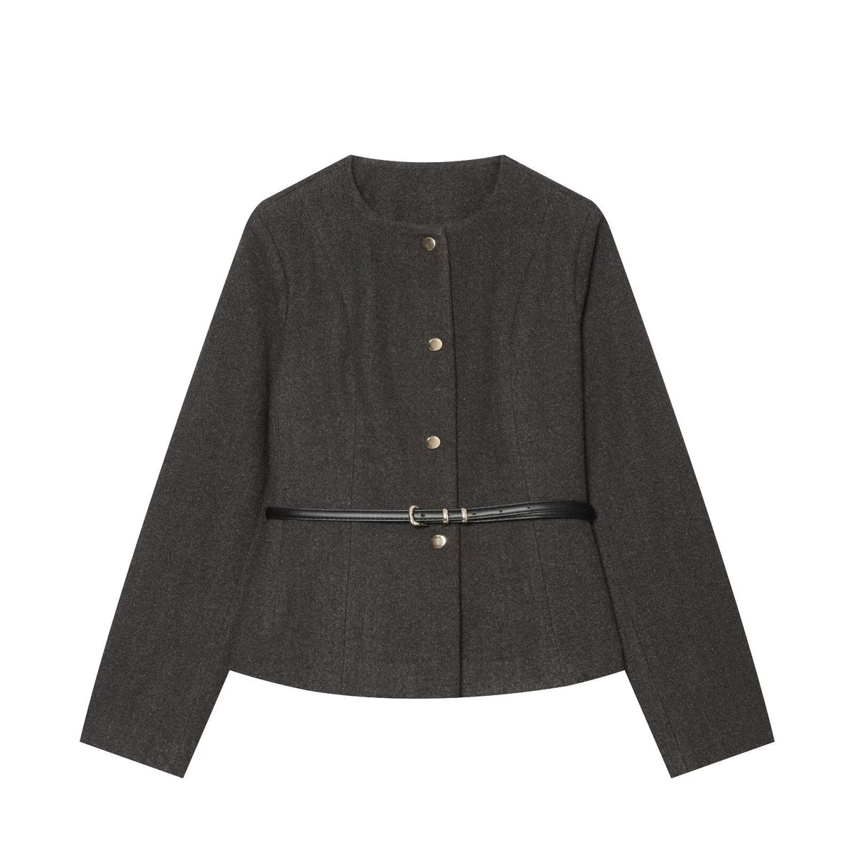 Women's short jacket made of wool blend with round neck, snap button closure and narrow waist belt EVA-US