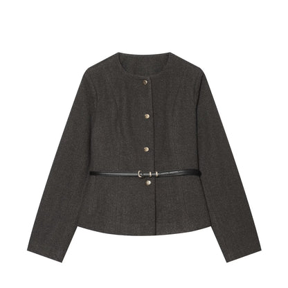 Women's short jacket made of wool blend with round neck, snap button closure and narrow waist belt EVA-US