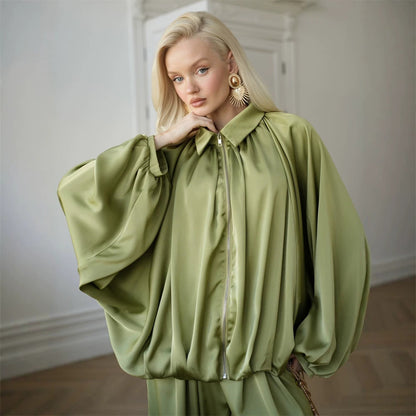 Women Elegant Satin Two-Piece Set with Oversize Blouse and Wide Palazzo Pants EVA-US