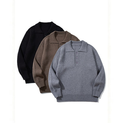 Men's Ribbed Polo Collar Sweater with Triple Button Placket and Relaxed Fit EVA-US