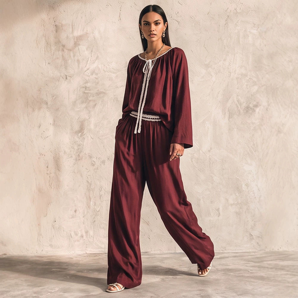Ladies Flowing Two-Piece Loungewear Set in Silk Look with Wide Palazzo Pants and Gathered Tunic EVA-US