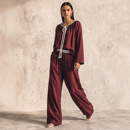 Ladies Flowing Two-Piece Loungewear Set in Silk Look with Wide Palazzo Pants and Gathered Tunic EVA-US