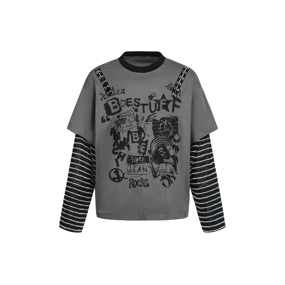 Women's Layered Look T-Shirt with Striped Sleeves and Graffiti Print EVA-US