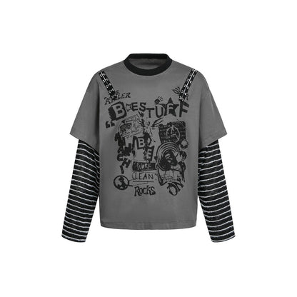 Women's Layered Look T-Shirt with Striped Sleeves and Graffiti Print EVA-US