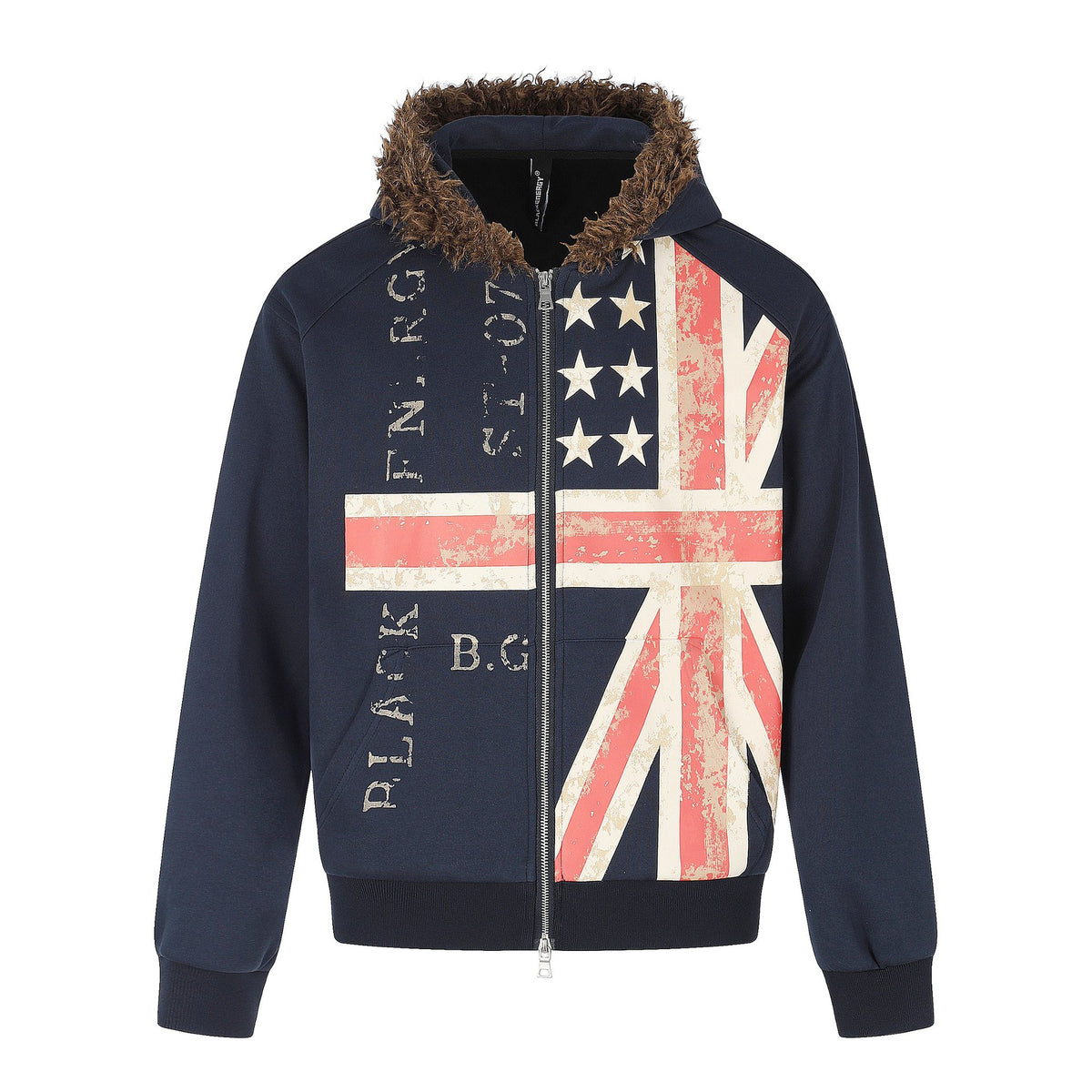 Men's hoodie jacket with faux fur trim, zipper, and vintage flag print EVA-US