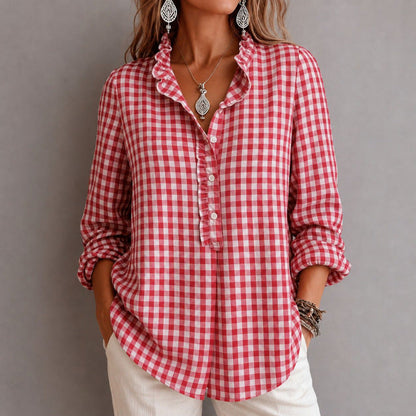 Women's Checkered Blouse Top with Ruffled Collar and Half Button Placket EVA-US