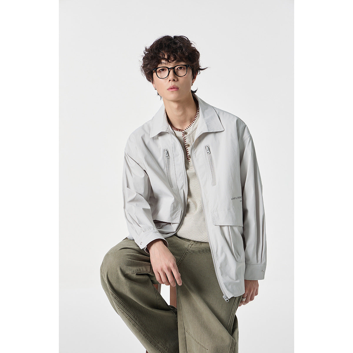Unisex Technical Overshirt Jacket in Boxy Cut with Front Zipper and Multi-Function Pockets EVA-US