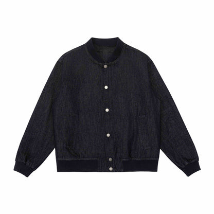 Unisex Boxy Jeans Bomber Jacket with Ribbed Collar, Snap Button Placket and Patch Pockets EVA-US