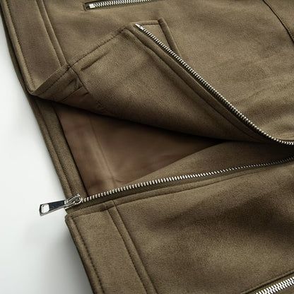 Women Asymmetrical Suede Leather Look Biker Jacket with Stand-Up Collar and Zippers EVA-US