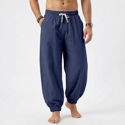 Men's relaxed harem pants made of linen blend with elastic drawstring waistband and gathered ankle cuffs EVA-US