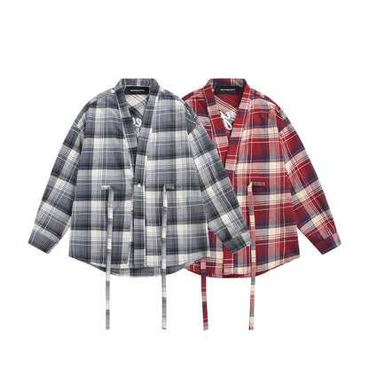 Women's Oversize Check Shirt Jacket with Kimono Cut, Drawstring Ties, and Patch Pockets