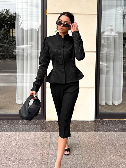 Women Tailored Jacquard Blazer with Stand Collar, Puff Sleeves and Peplum EVA-US