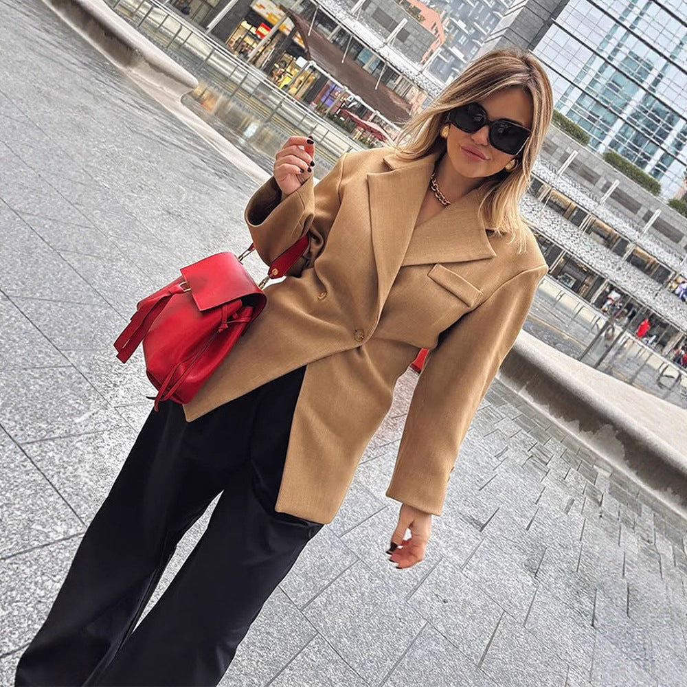 Women's Tailored Wool Blend Blazer with Emphasized Waist and Distinctive Shoulder Area EVA-US