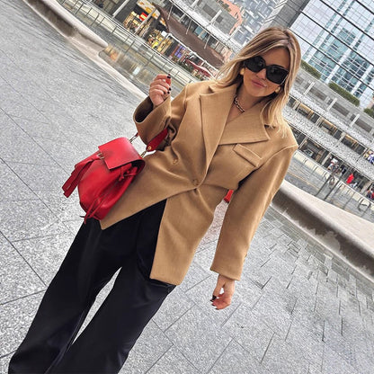 Women's Tailored Wool Blend Blazer with Emphasized Waist and Distinctive Shoulder Area EVA-US
