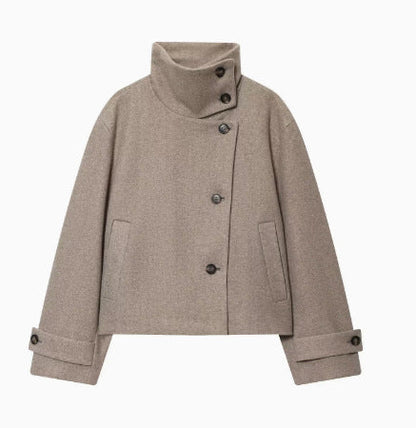 Women's 9800+ short boxy wool blend jacket with high funnel collar, asymmetrical button placket and adjustable cuffs EVA-US