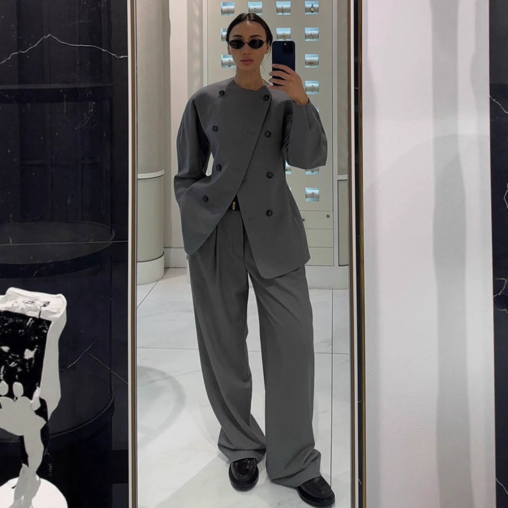 Women's Tailored Double-Breasted Blazer with Asymmetric Closure and Pleated Pants EVA-US