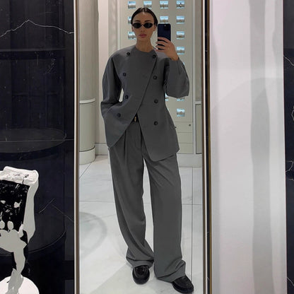 Women's Tailored Double-Breasted Blazer with Asymmetric Closure and Pleated Pants EVA-US