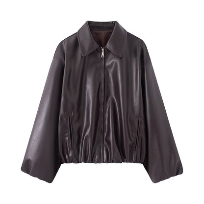Women's Oversized Faux Leather Blouson Jacket with Collar, Zipper and Elastic Hem EVA-US