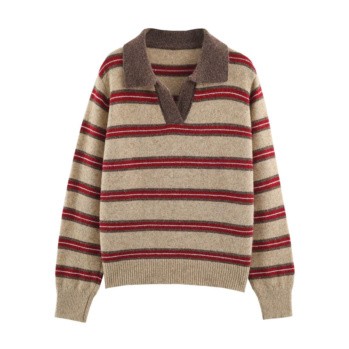 Women Striped Oversize Sweater with Polo Collar and V-Neck EVA-US