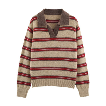 Women Striped Oversize Sweater with Polo Collar and V-Neck EVA-US