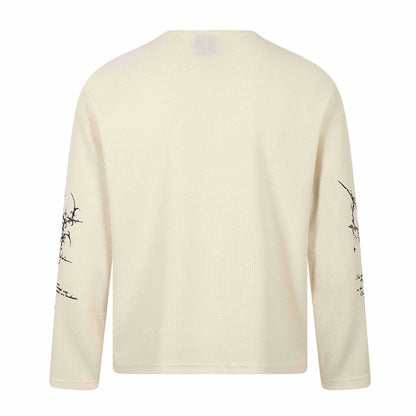 Unisex Waffle Knit Henley Long Sleeve Shirt with 3-Button Placket and Allover Print EVA-US
