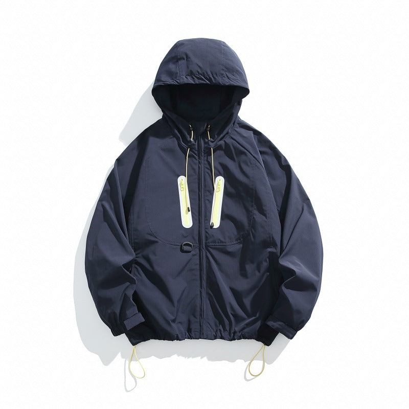 Unisex Technical Hooded Windbreaker in Boxy Cut with Vertical Chest Zippers and Drawstring Hem EVA-US