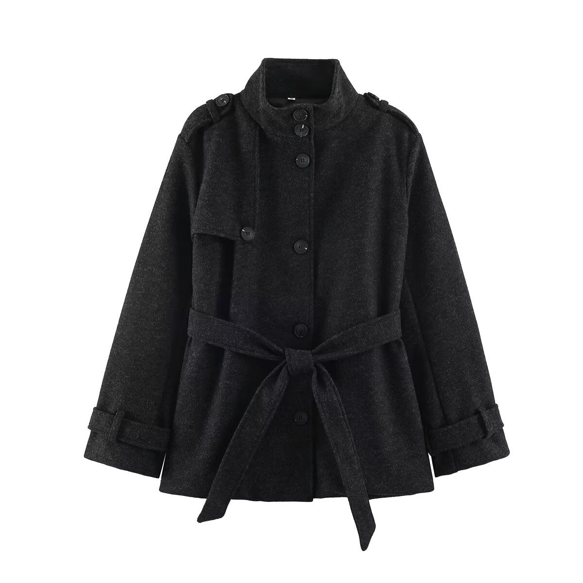 Women’s short trench coat made of wool blend with stand-up collar, epaulettes, and tie belt EVA-US