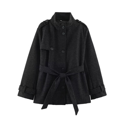 Women’s short trench coat made of wool blend with stand-up collar, epaulettes, and tie belt EVA-US