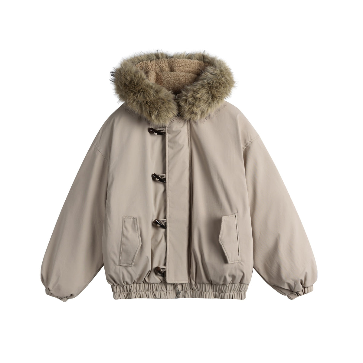 Men's Short Insulation Parka in Boxy Cut with Detachable Faux Fur Collar and Toggle Fastenings EVA-US