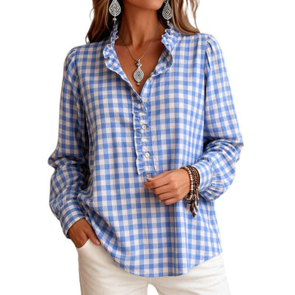 Women's Checkered Blouse Top with Ruffled Collar and Half Button Placket EVA-US